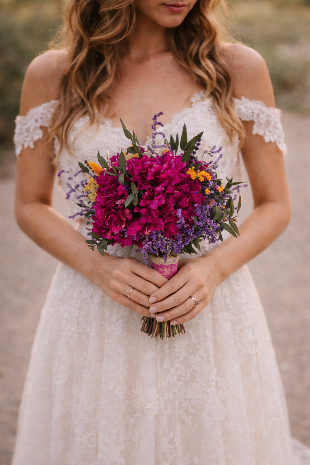 Magenta Hydrangea Dried Flower Bridal Bouquet: Rustic Wedding Set