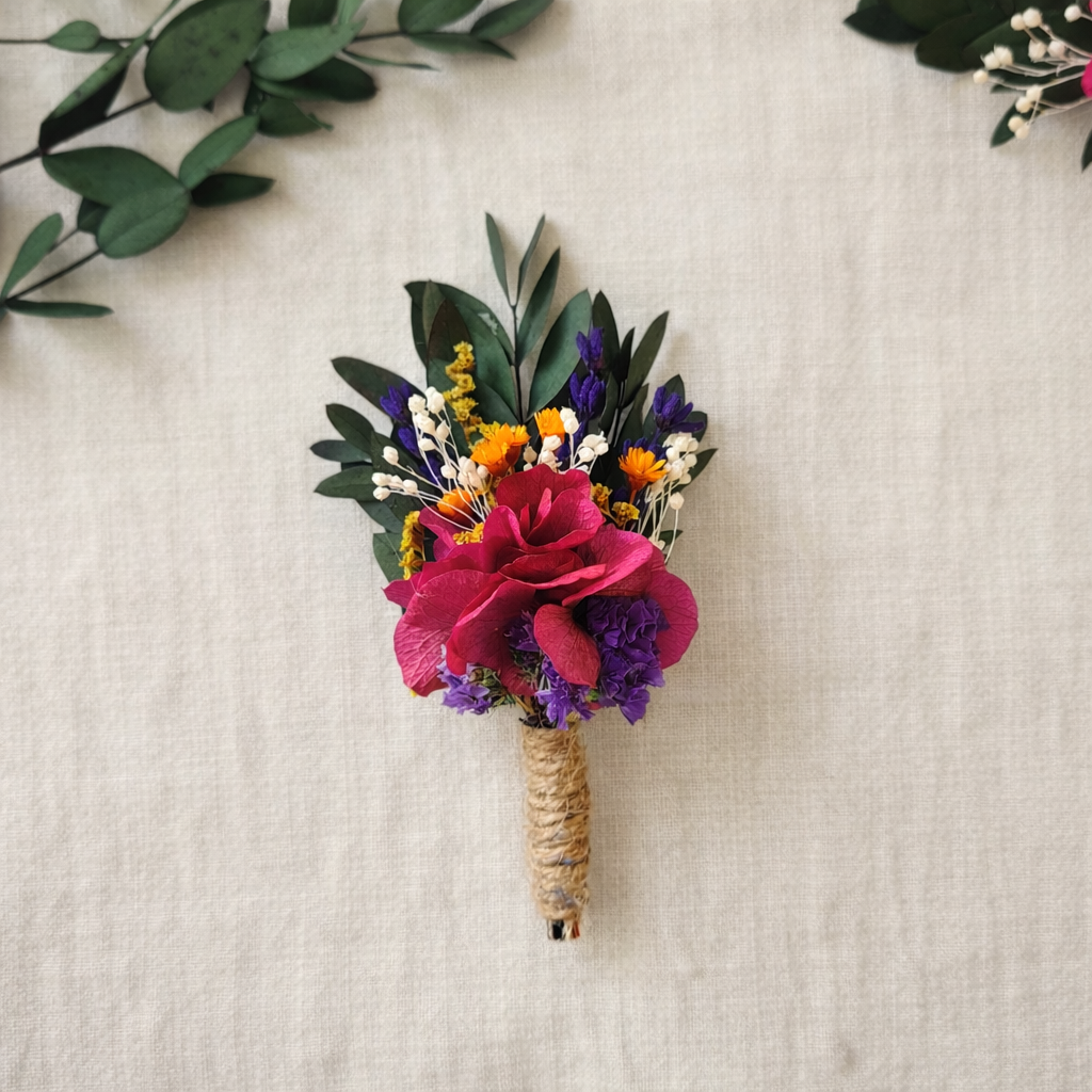 Magenta Wedding Boutonniere for Groom, Preserved Flower Lapel Pin