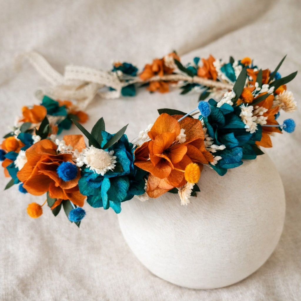 Teal Orange Flower Crown Set for Wedding, Boho Bridal Crown, Preserved Flowers