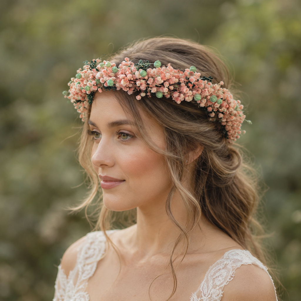 Dusty Pink Baby's Breath Flower Crown, Mint Green Wildflower Crown, Rustic Boho Bridal Headpiece
