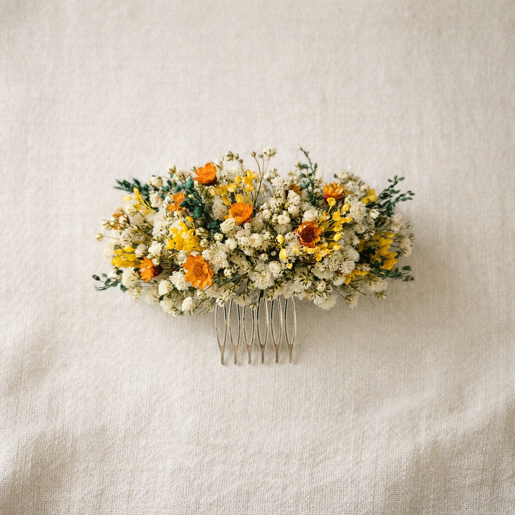 Dried Flower Bridal Hair Comb – Yellow Orange Wildflower Boho Wedding Accessory