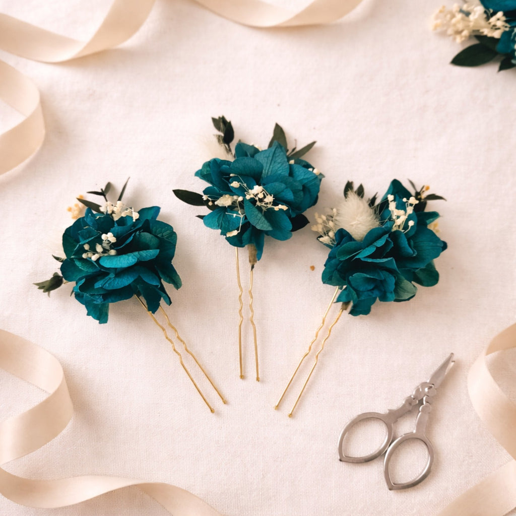 Teal Floral Hair Pins: Boho Wedding Hair Accessories