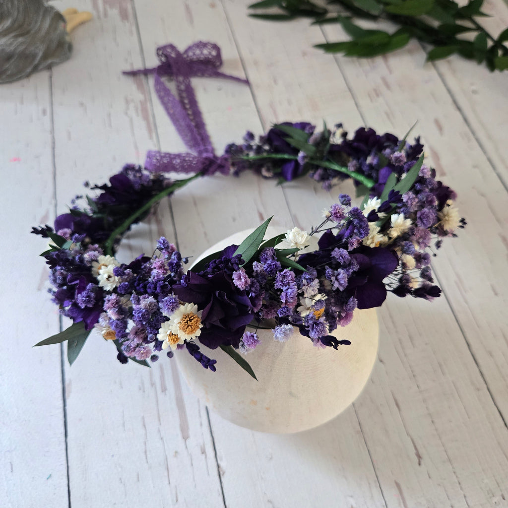 Purple Dried Flower Crown, Boho Floral Hair Wreath: Festival & Bridesmaids