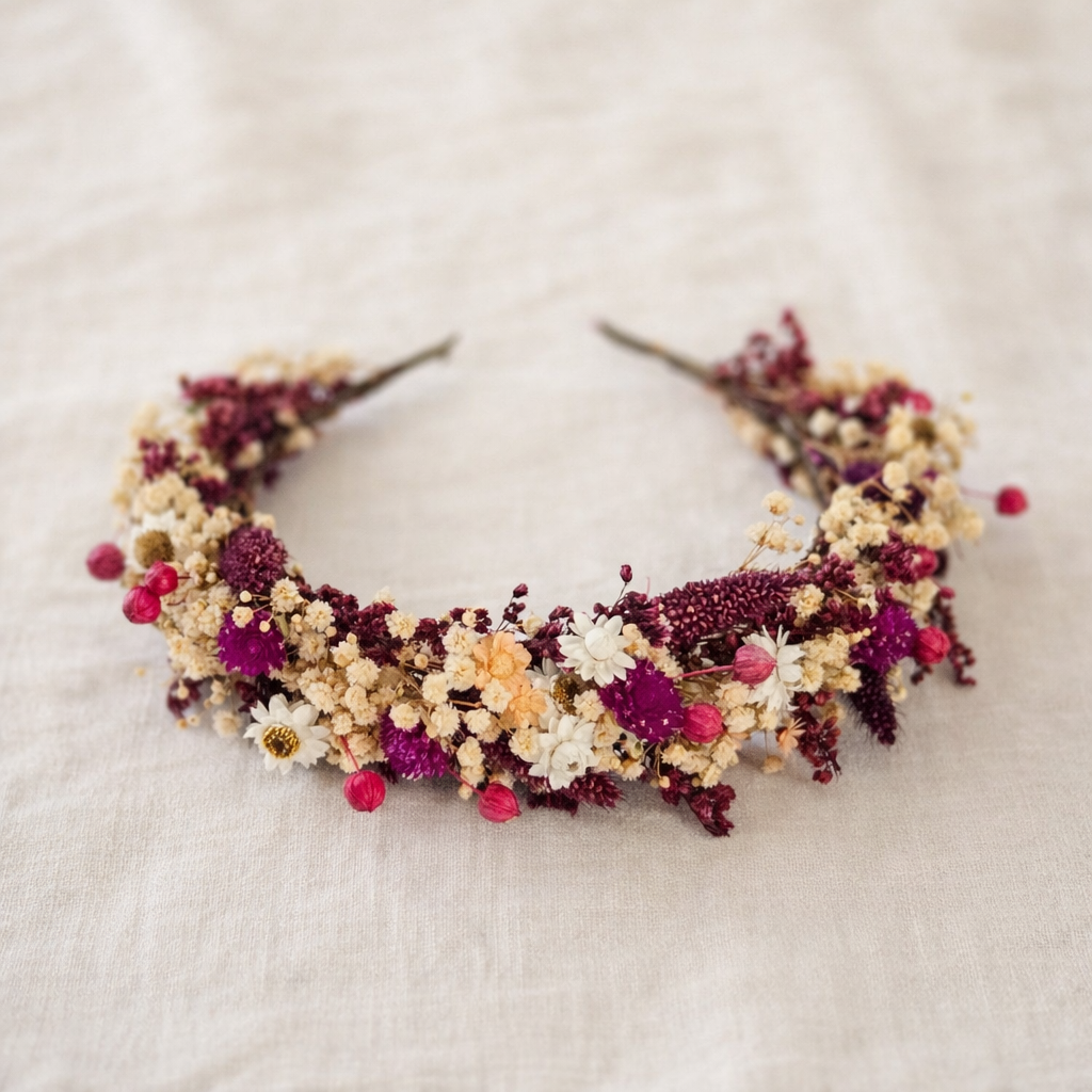 Burgundy & Ivory Preserved Flower Bridal Headband