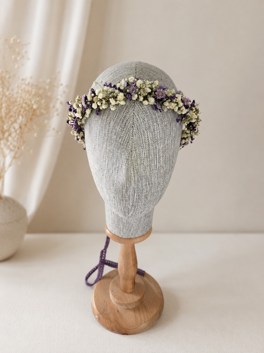 Purple Ivory Dried Flower Crown, Boho Meadow Bridal Headpiece