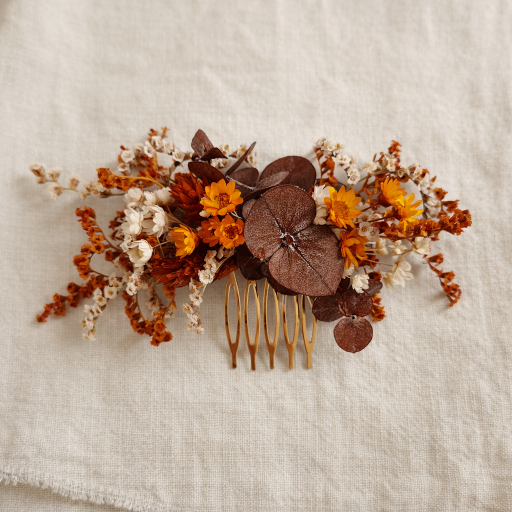 Fall Wedding Hair Comb – Terracotta & Burgundy Preserved Flower Bridal Hair Accessory