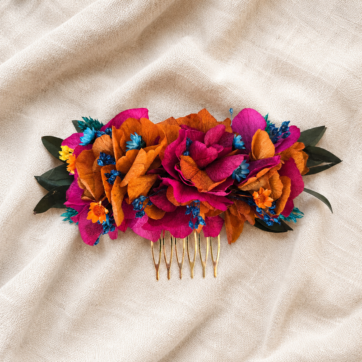 Magenta Orange Wildflower Wedding Crown, Rustic Garden & Folk Bridal Hair Accessory