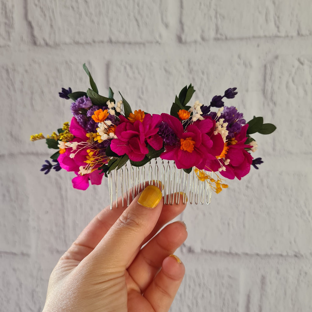 Dark Fuchsia Dried Flower Hair Comb: Rustic Wedding Bridal Accessory