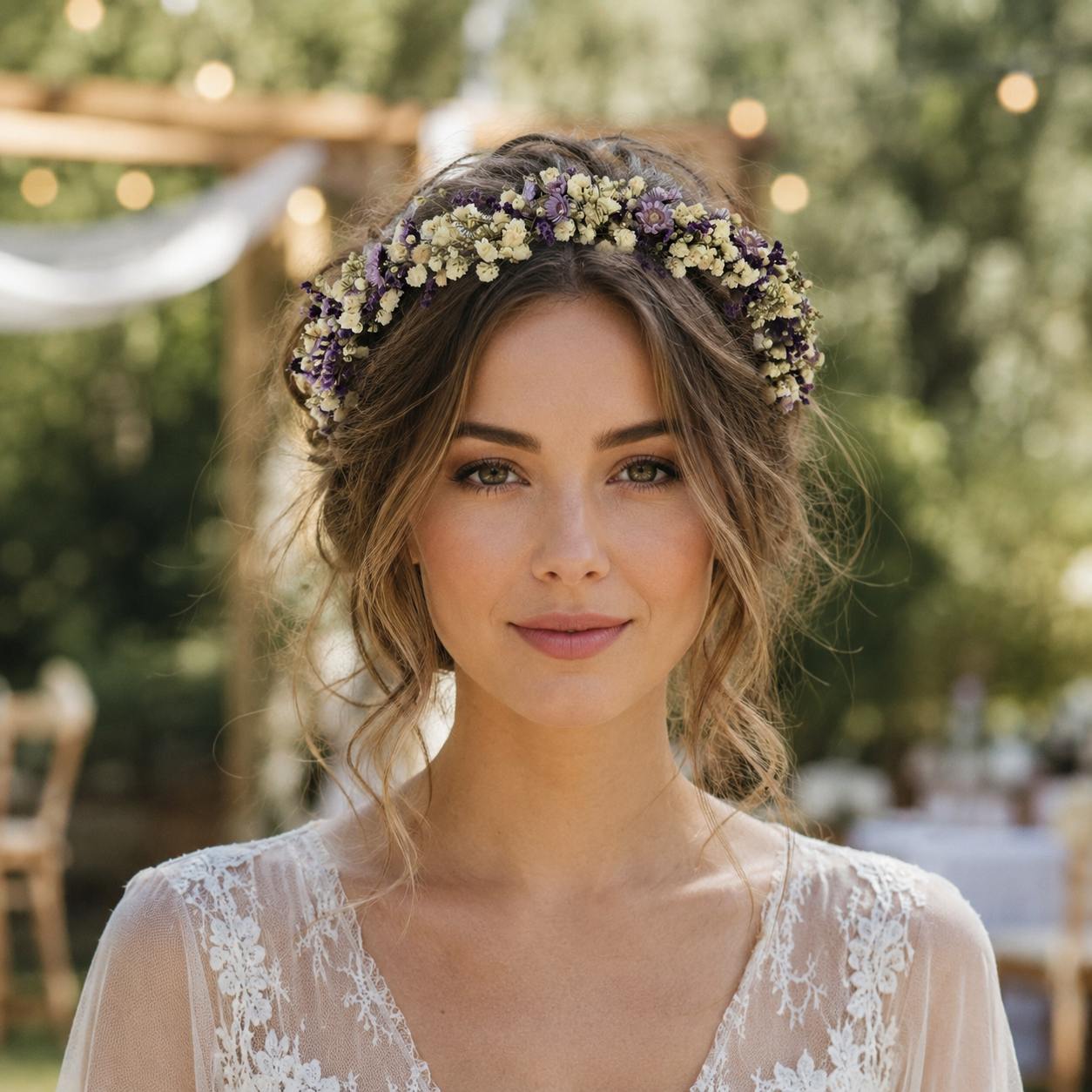 Purple Ivory Dried Flower Crown, Boho Meadow Bridal Headpiece