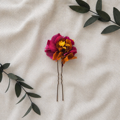 Burnt Orange & Magenta Flower Hair Pin – Fall Wedding Hair Accessories