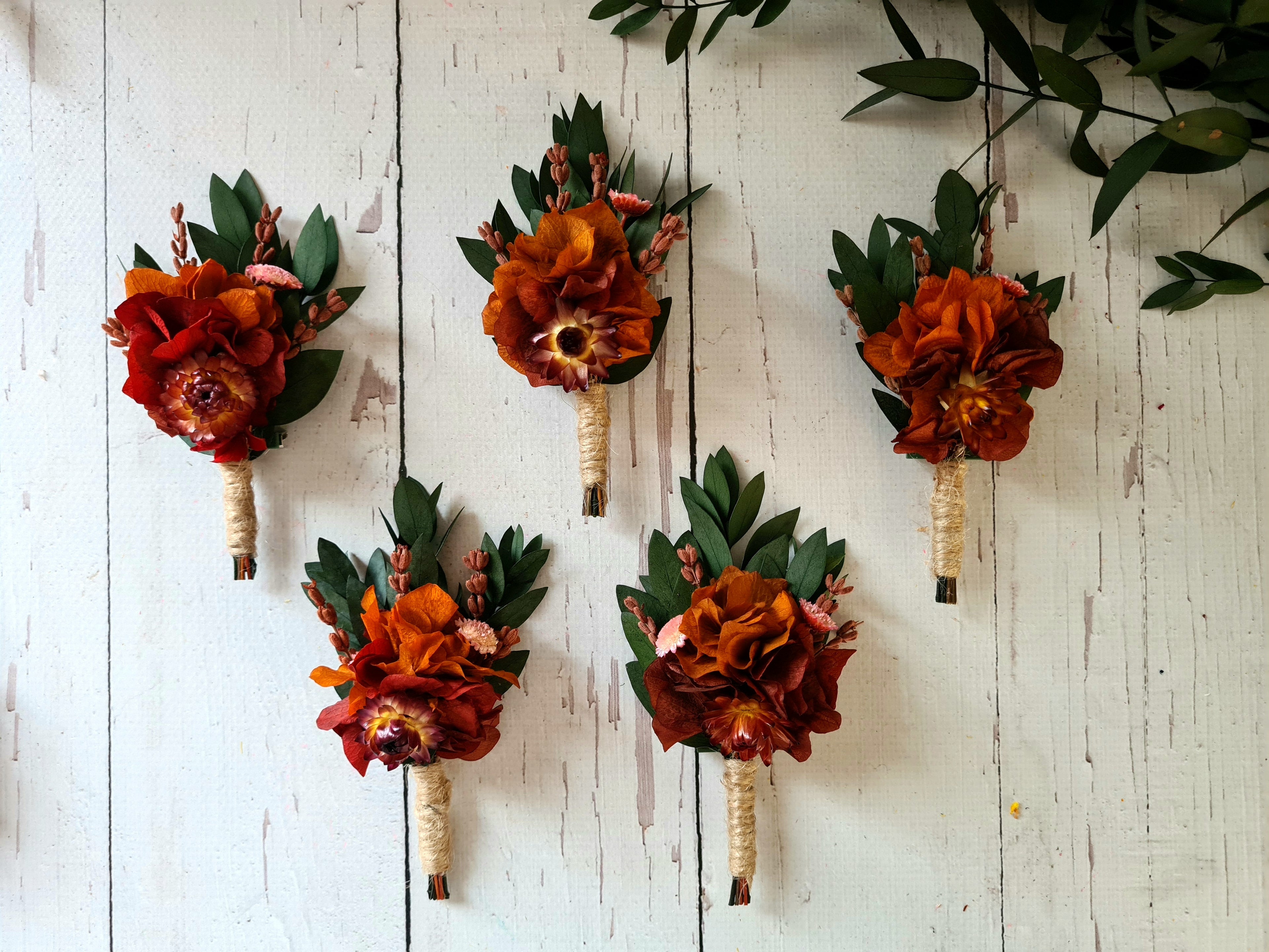 Burnt Orange Dried Flower Boutonniere: Rustic Bohemian Groomsmen Accessory
