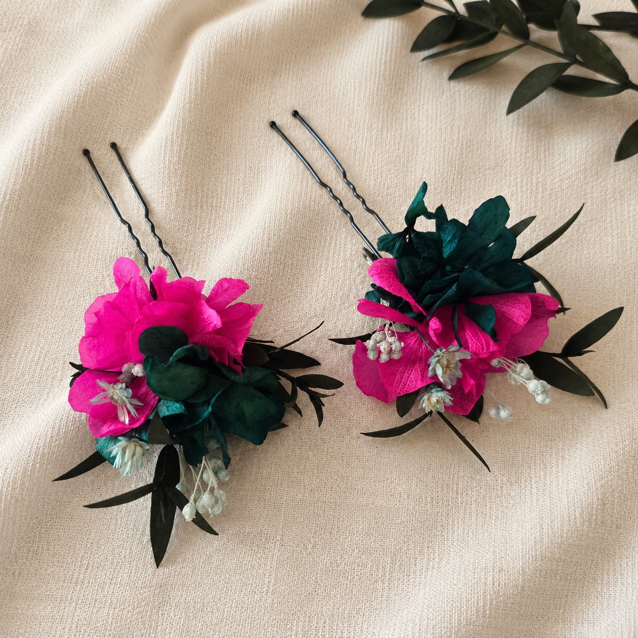 Fuchsia Teal Dried Flower Hair Pins, Bridal Floral Wedding Accessories