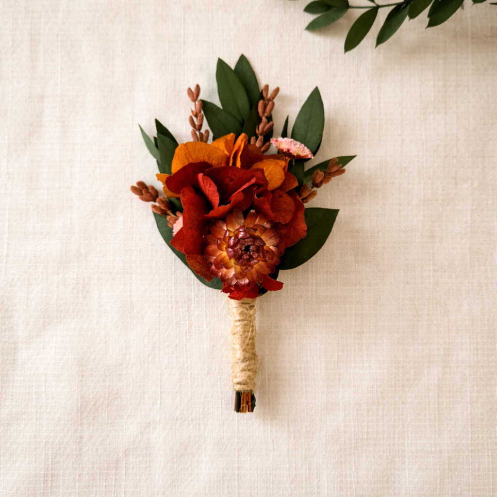 Burnt Orange Dried Flower Boutonniere: Rustic Bohemian Groomsmen Accessory