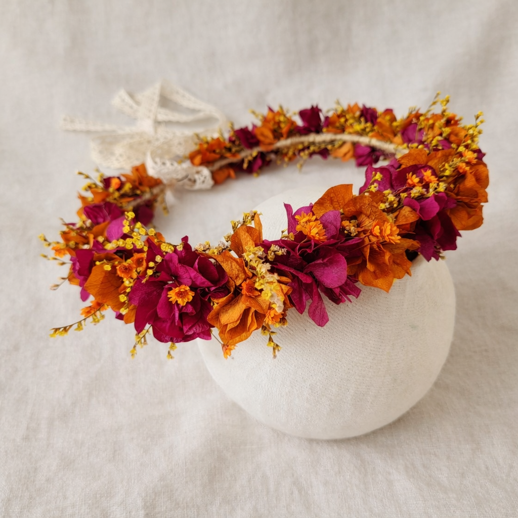 Magenta & Burnt Orange Boho Bridal Flower Crown, Rustic Fall Wedding Floral Headpiece
