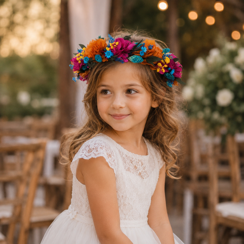 Girls Floral Crown, Boho Colorful Headpiece, Garden Wedding Hair Accessory