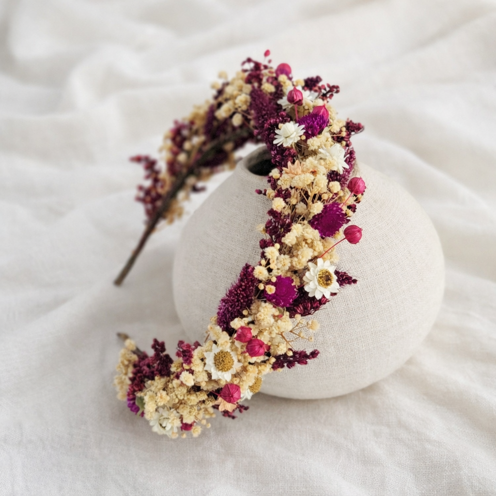 Burgundy & Ivory Preserved Flower Bridal Headband
