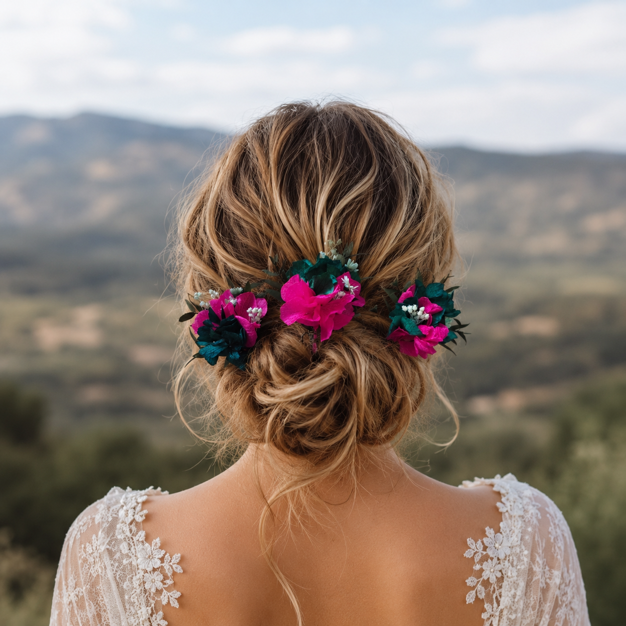 Fuchsia Teal Dried Flower Hair Pins, Bridal Floral Wedding Accessories
