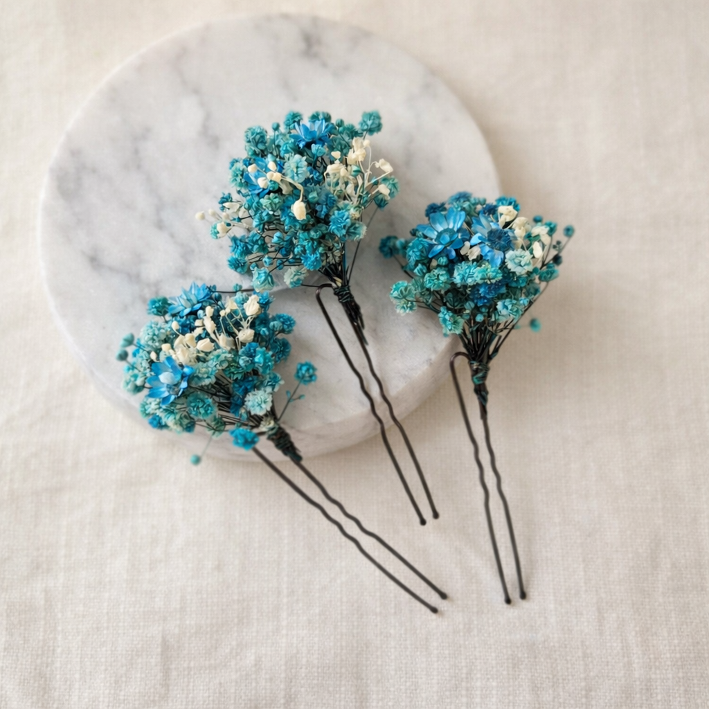 Blue Dried Flower Hair Pins, Bridal Wedding Accessories, Boho Natural Style
