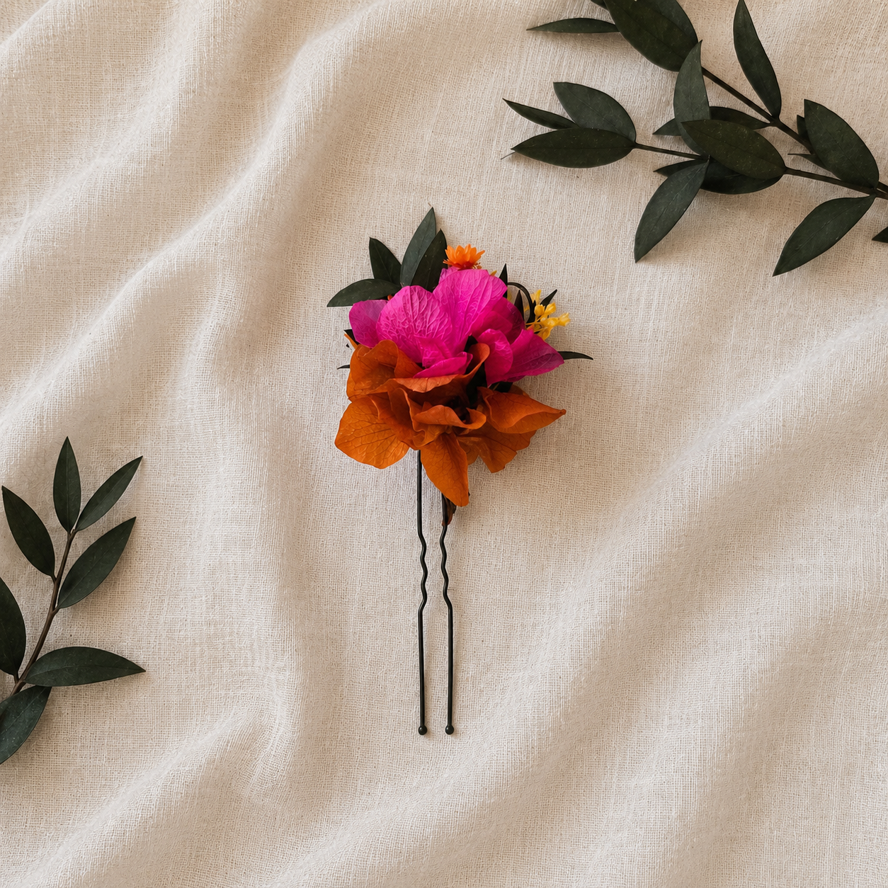Fuchsia & Burnt Orange Wedding Hair Pin, Boho Bridal Floral Hair Accessories,