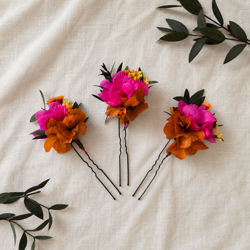 Fuchsia & Burnt Orange Wedding Hair Pin, Boho Bridal Floral Hair Accessories,