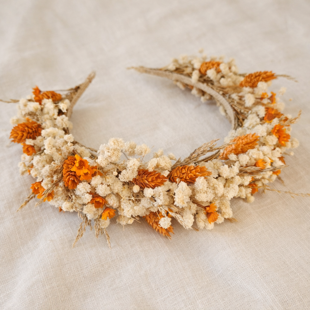 Orange Dried Flower Crown: Autumn Wedding Hair Accessory,Rustic Floral Headpiece