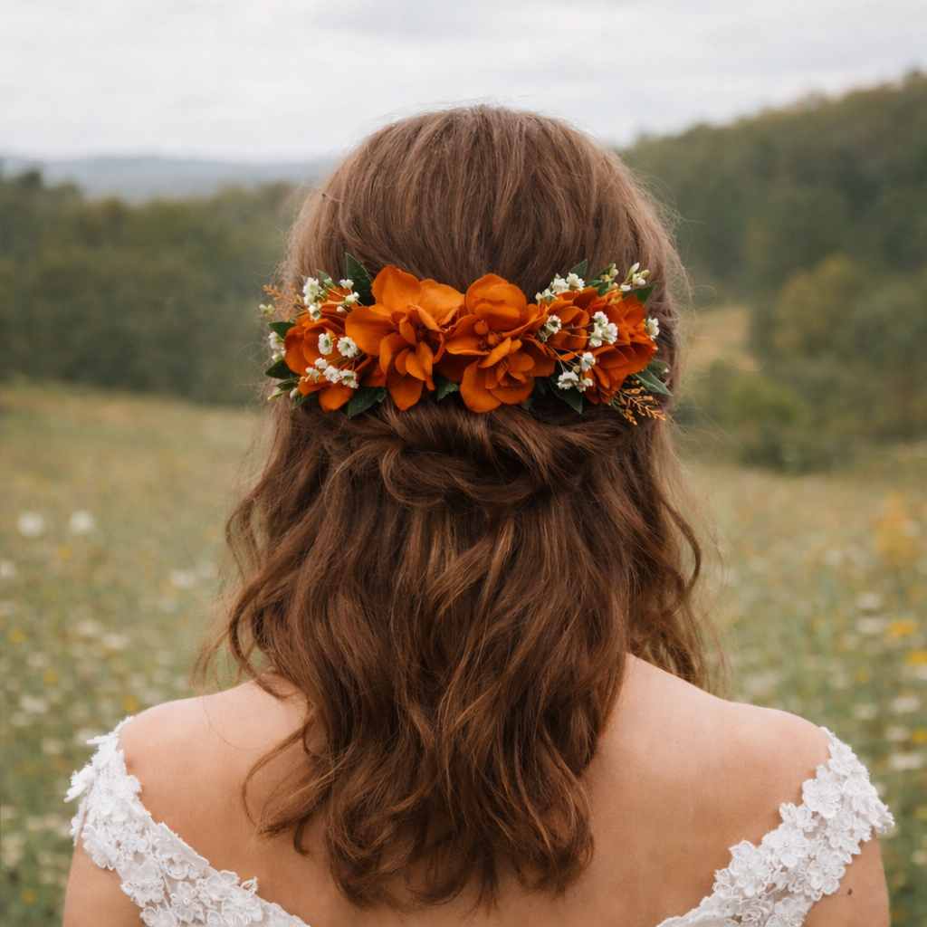 Burnt Orange Preserved Flower Hair Comb – Rustic Bridal Hair Accessory