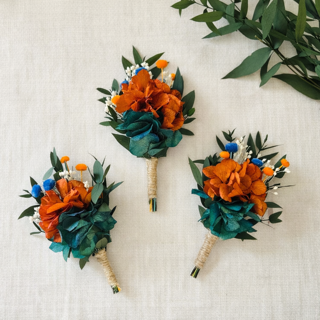 Teal & Orange preserved flower boutonniere