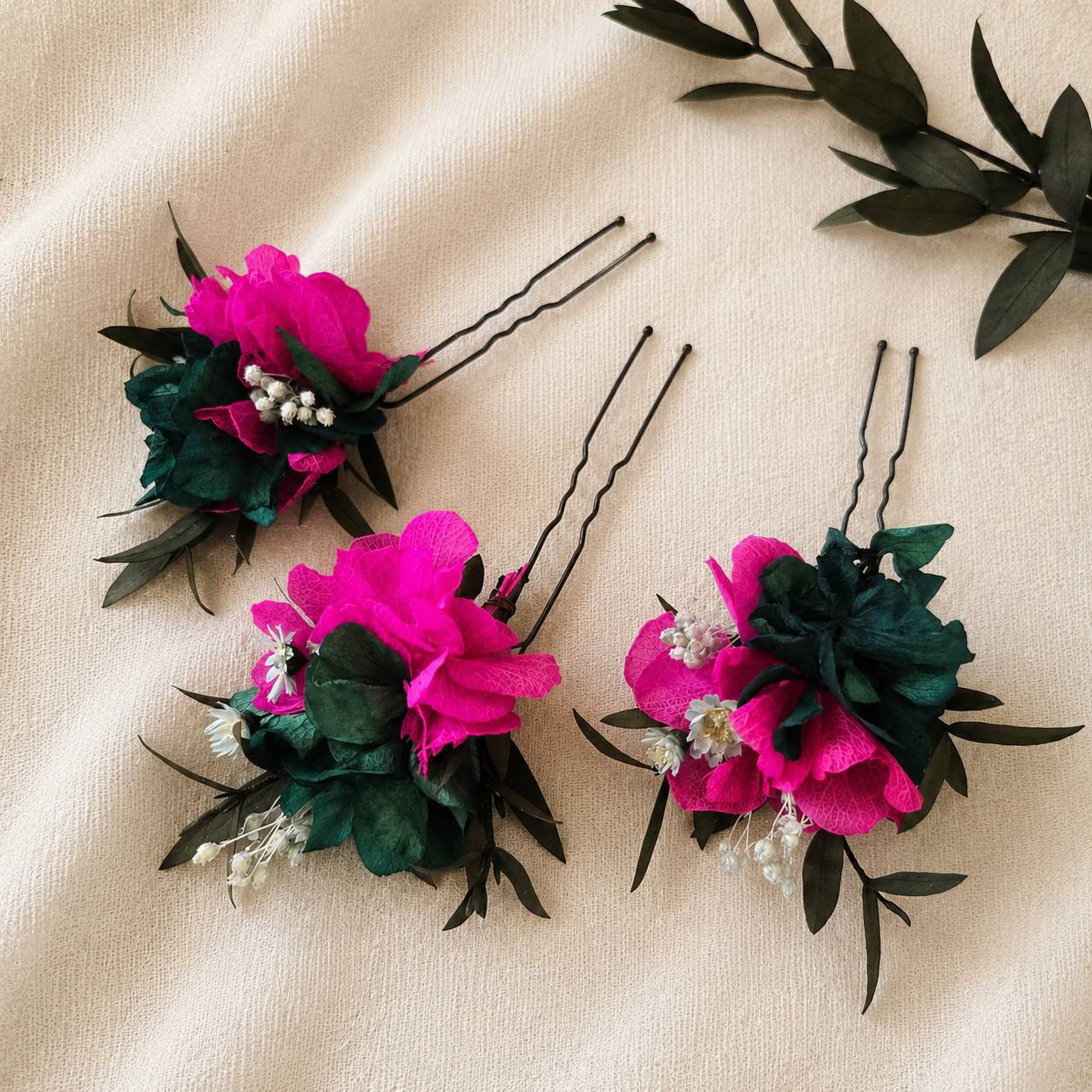 Fuchsia Teal Dried Flower Hair Pins, Bridal Floral Wedding Accessories