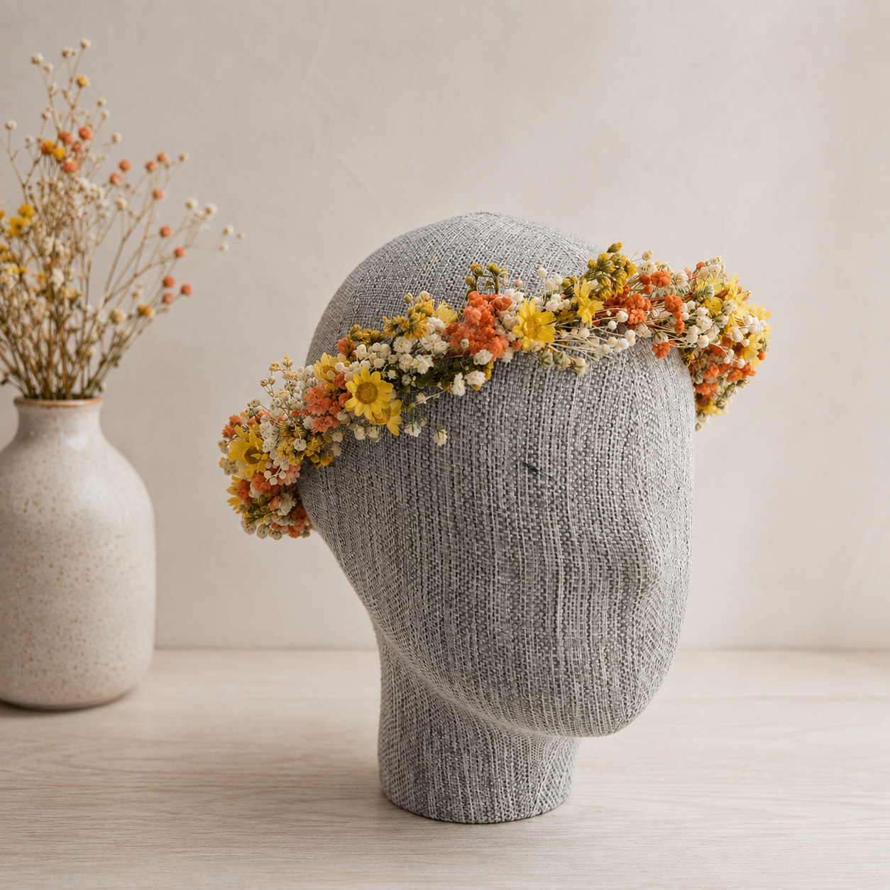 Rustic Flower Wedding Crown | Yellow & Orange Preserved Flower Crown | Boho Wedding Floral Headpiece