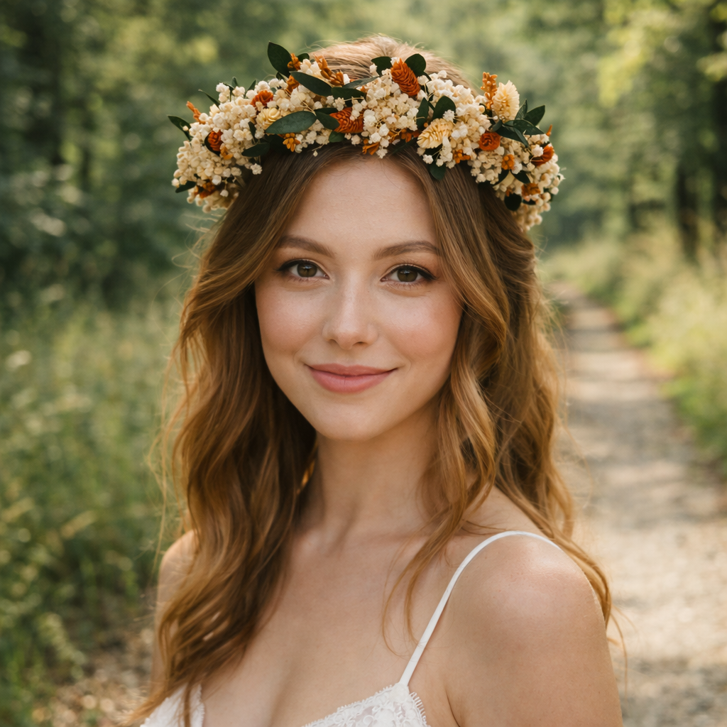 Orange Dried Flower Headband: Boho Wedding Hair Crown