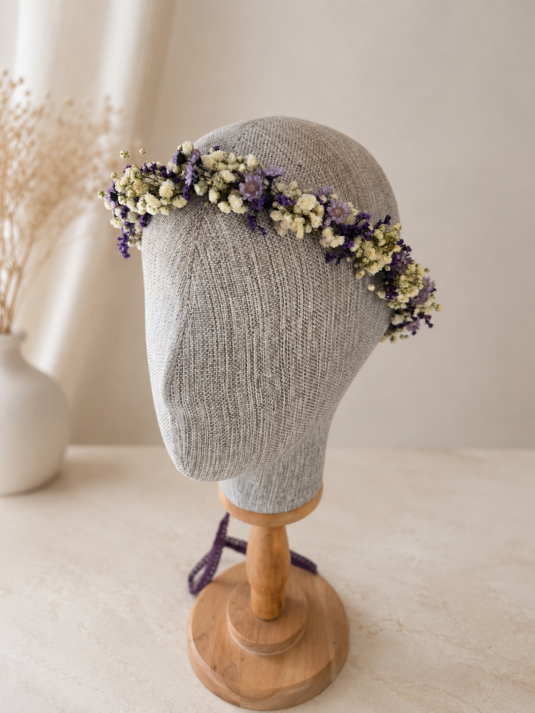 Purple Ivory Dried Flower Crown, Boho Meadow Bridal Headpiece