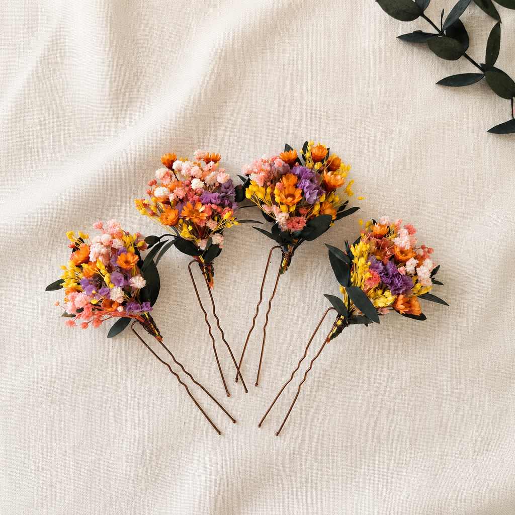 Colorful Dried Flower Hair Pins, Rustic Bridal Accessories, Wildflower Wedding Hair Pin