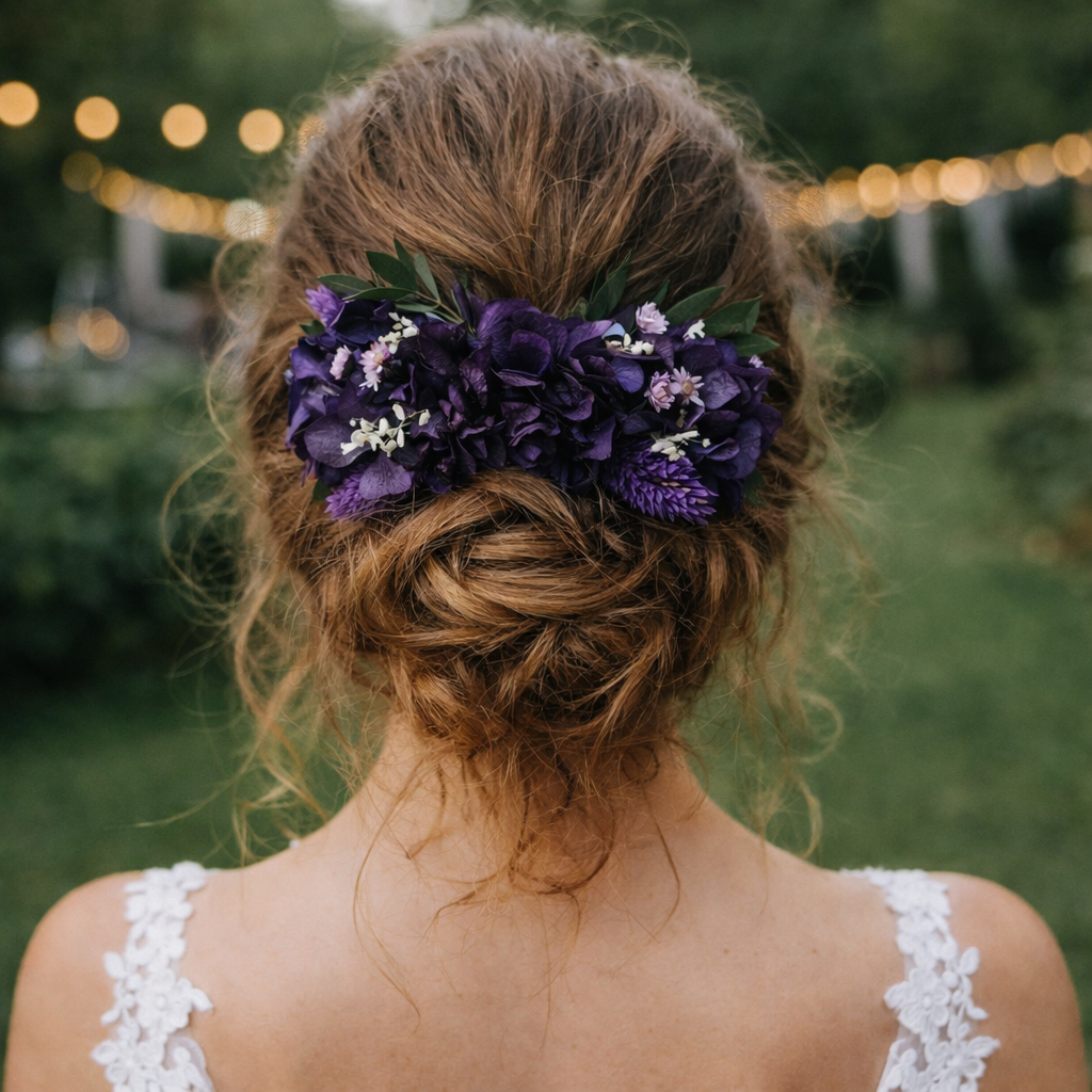 Purple Floral Hair Comb, Boho Bridal Hair Accessory, Rustic Garden Bride Headpiece