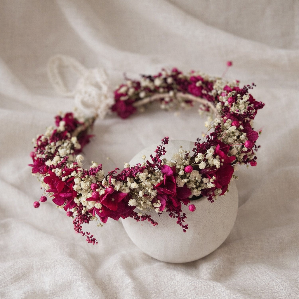 Deep Magenta Dried Flower Crown: Boho Wedding Bridal Headpiece