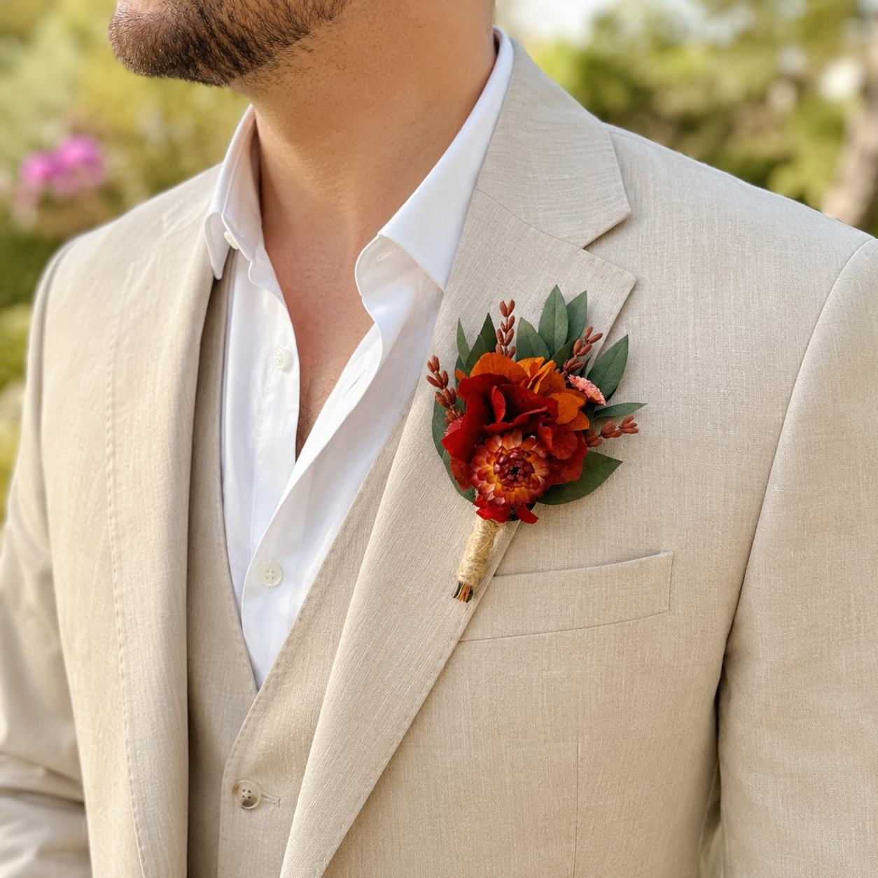 Burnt Orange Dried Flower Boutonniere: Rustic Bohemian Groomsmen Accessory