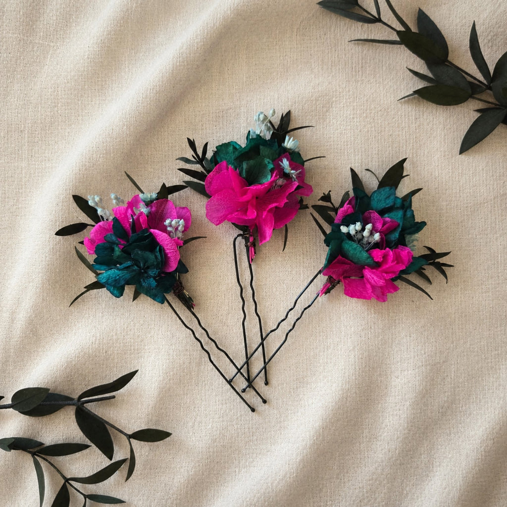 Fuchsia Teal Dried Flower Hair Pins, Bridal Floral Wedding Accessories