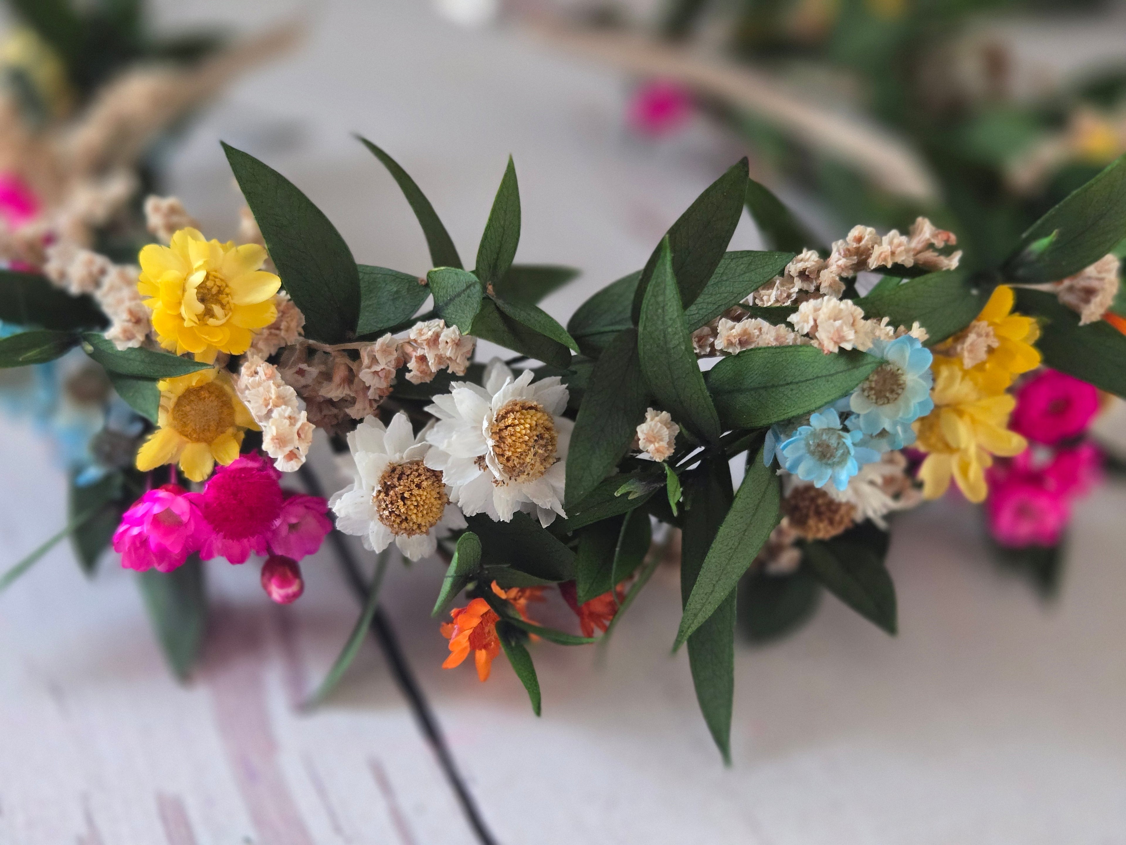 Colorful Dried Flower Headband: Eucalyptus Greenery Wedding Crown