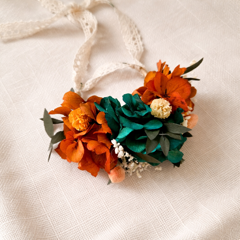 Teal Orange Flower Crown Set for Wedding, Boho Bridal Crown, Preserved Flowers