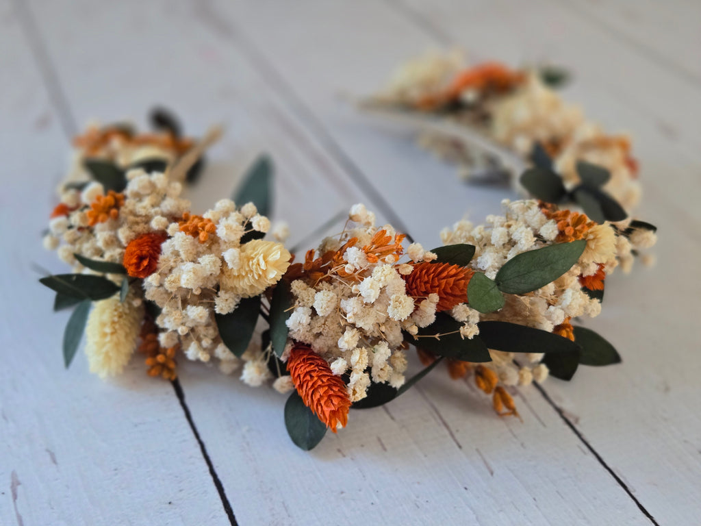 Orange Dried Flower Headband: Boho Wedding Hair Crown