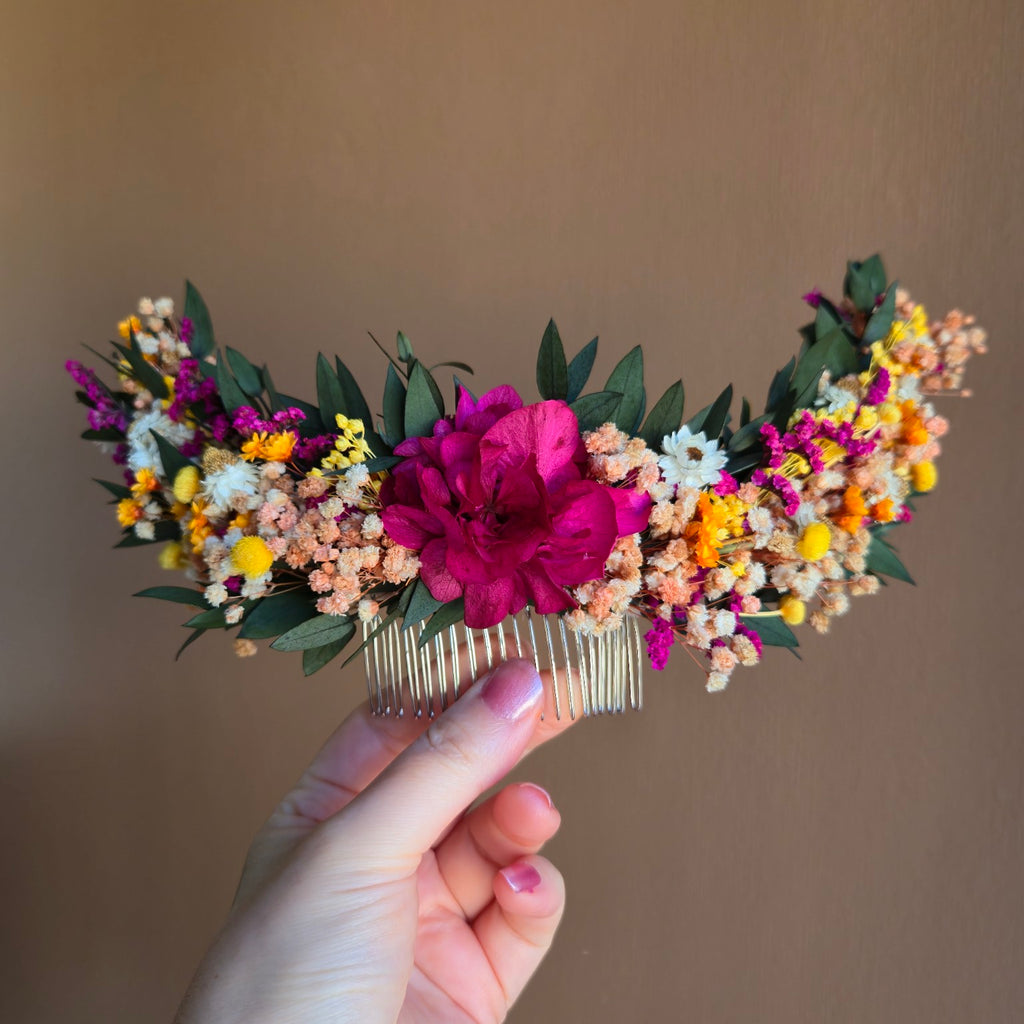 Colorful Dried Flower Comb, Rustic Meadow Wedding Hair Piece, Folk Bride Floral Comb,