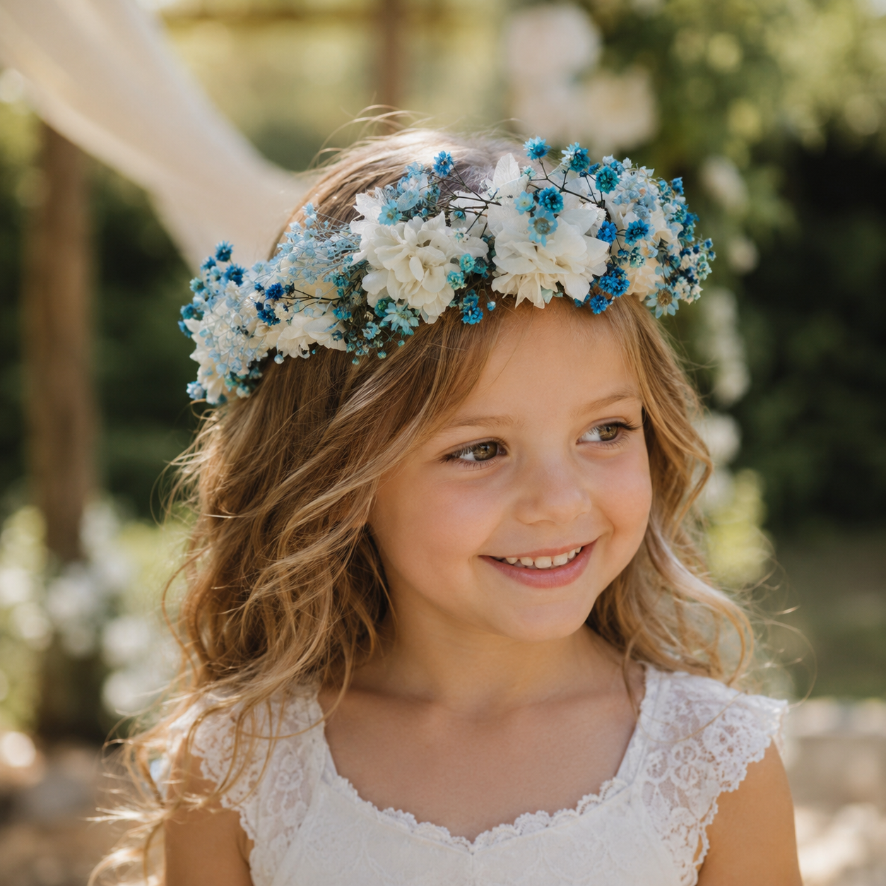 Blue Flower Girl Crown, Blue and White Floral Crown, Child Bridesmaid Headpiece