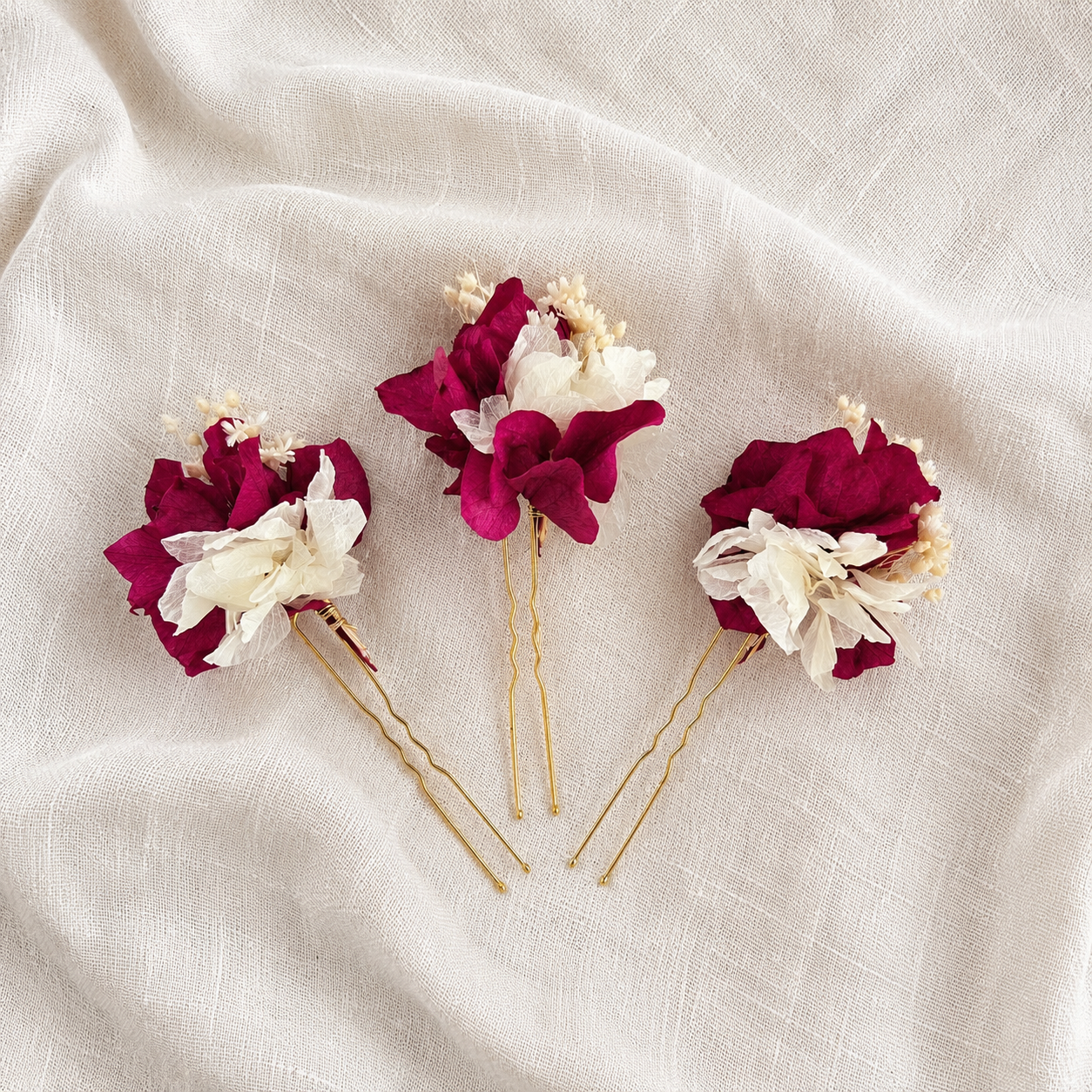 Magenta & İvory dried Flower Hair Pins,Boho Wedding Hair Accessories