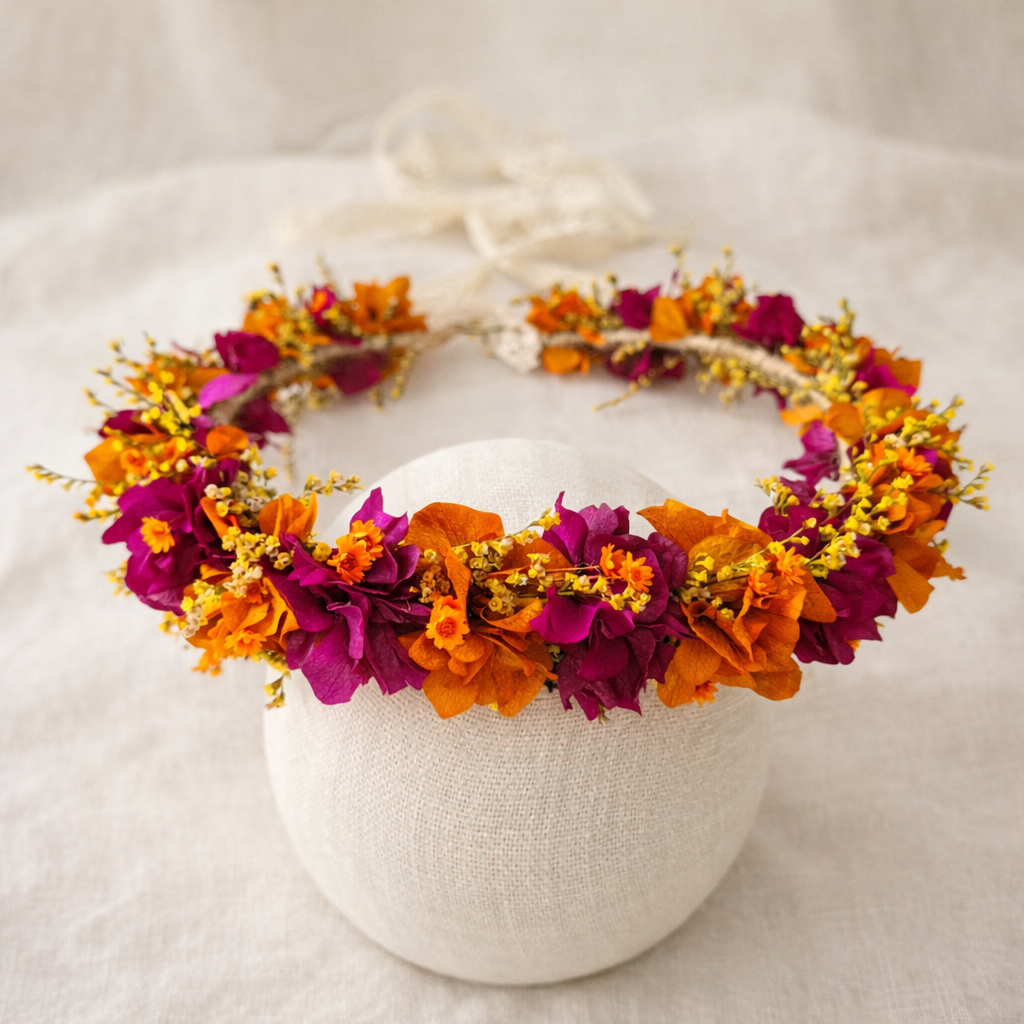 Magenta & Burnt Orange Boho Bridal Flower Crown, Rustic Fall Wedding Floral Headpiece