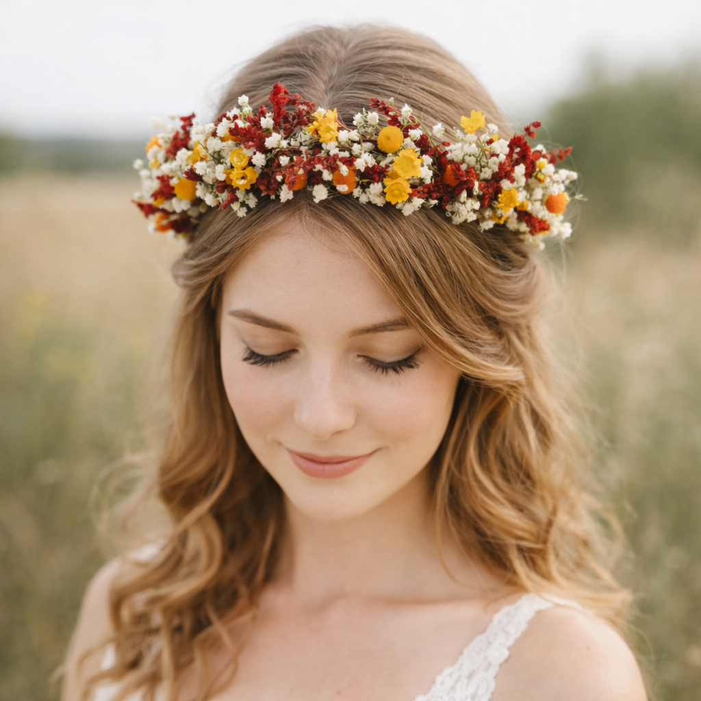 Boho Burnt Orange Dried Flower Crown: Autumn Bridal Headband,Folk Wedding Headpiece
