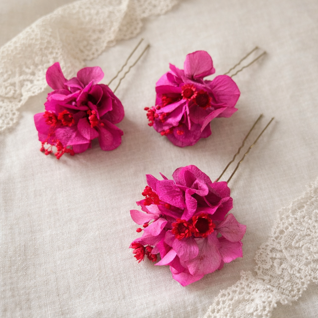 Fuchsia Hydrangea Hair Pins, Pink Bridesmaid Flower Hair Pin