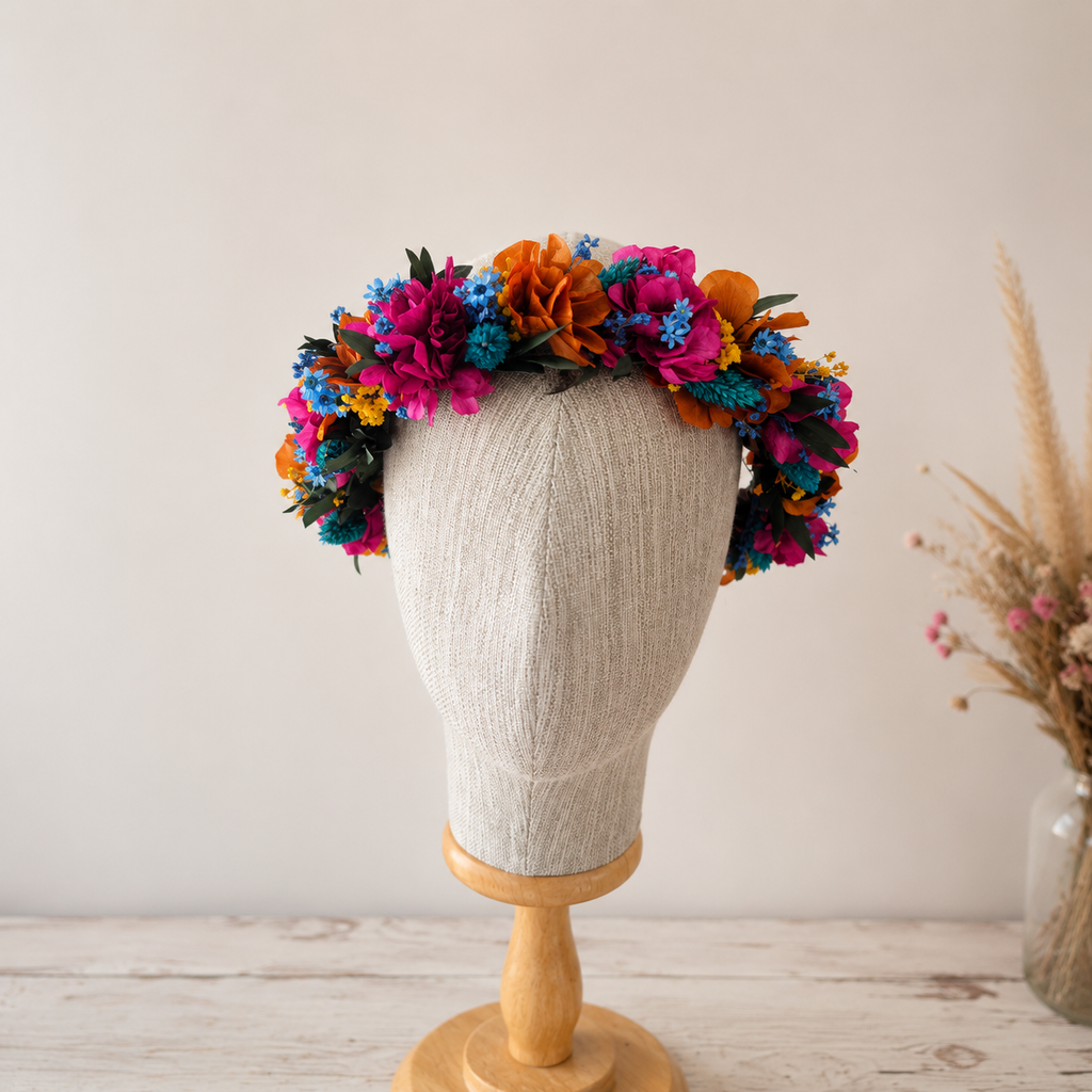 Magenta Orange Wildflower Wedding Crown, Rustic Garden & Folk Bridal Hair Accessory