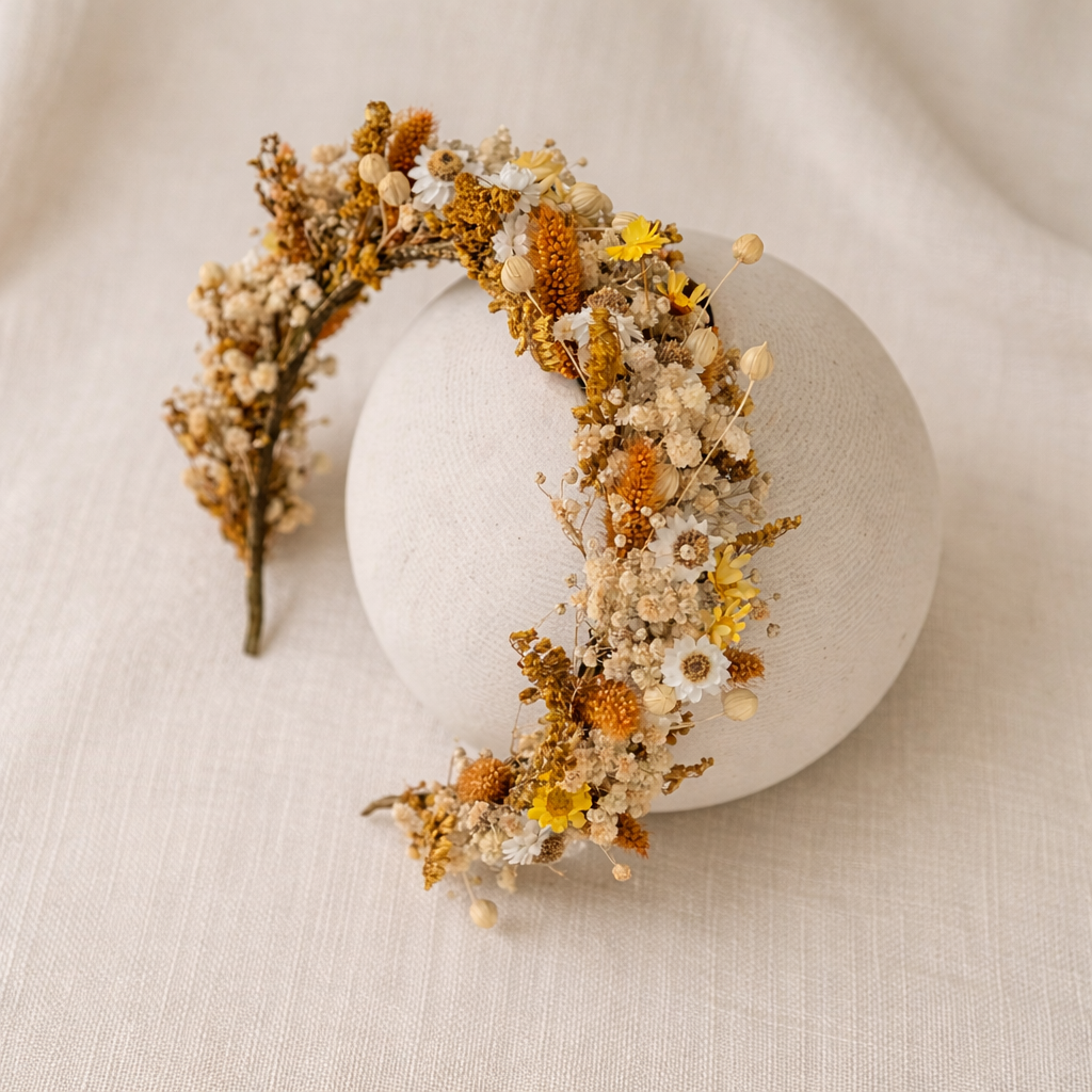 Yellow & Ivory Wildflower Bridal Crown – Preserved Flower Wedding Headpiece