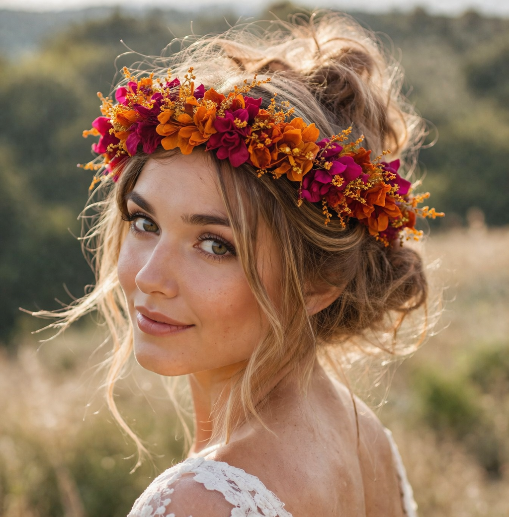 Magenta & Burnt Orange Boho Bridal Flower Crown, Rustic Fall Wedding Floral Headpiece