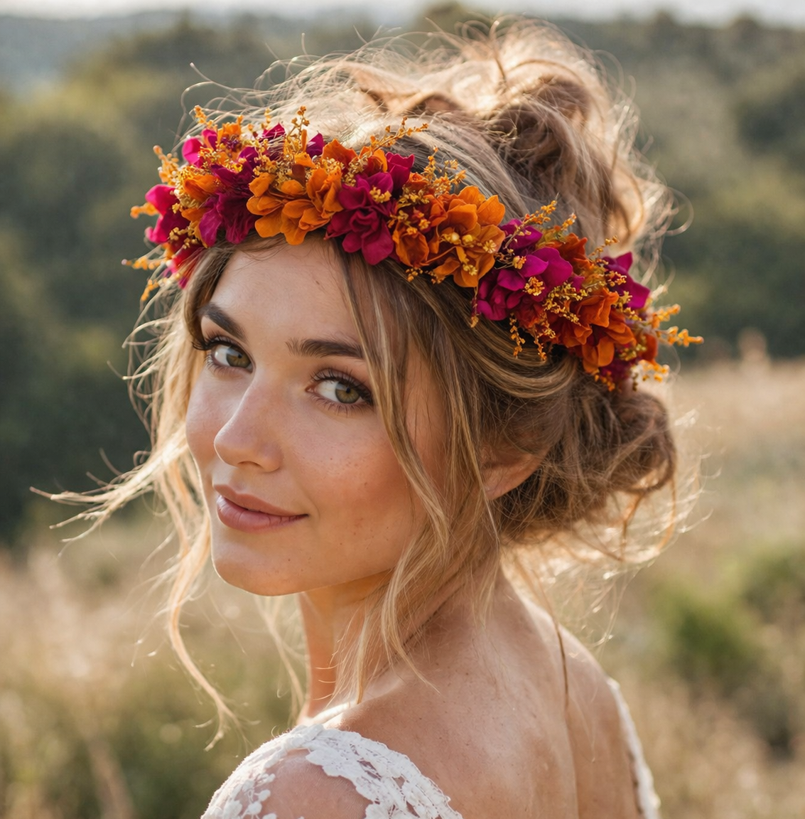 Magenta & Burnt Orange Boho Bridal Flower Crown, Rustic Fall Wedding Floral Headpiece