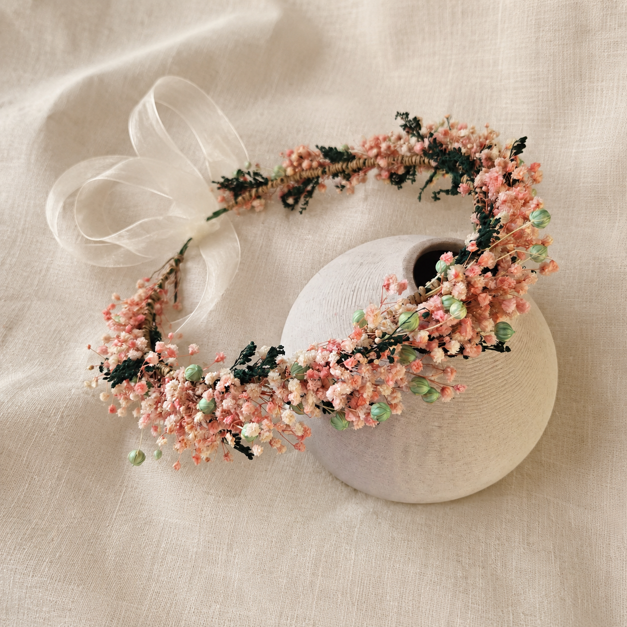 Dusty Pink Baby's Breath Flower Crown, Mint Green Wildflower Crown, Rustic Boho Bridal Headpiece